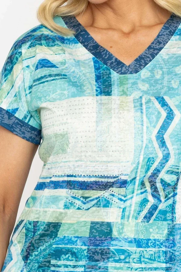 Green Printed V Neck Burnout Top