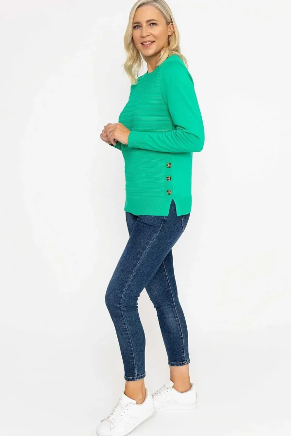 Green Ribbed Knit Sweater With Buttons