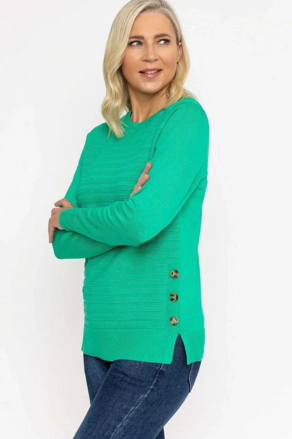 Green Ribbed Knit Sweater With Buttons