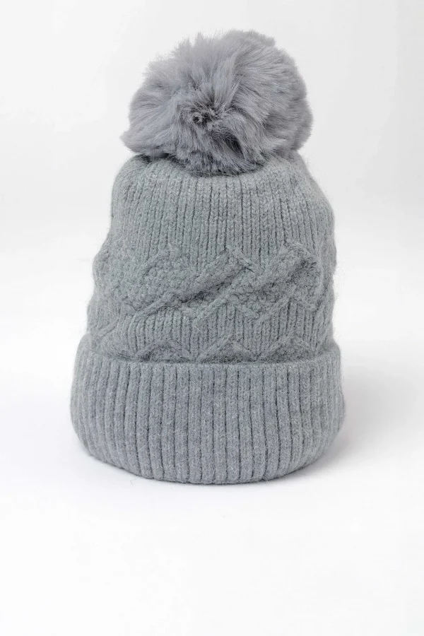 Grey Cable Knit Beanie With Pom