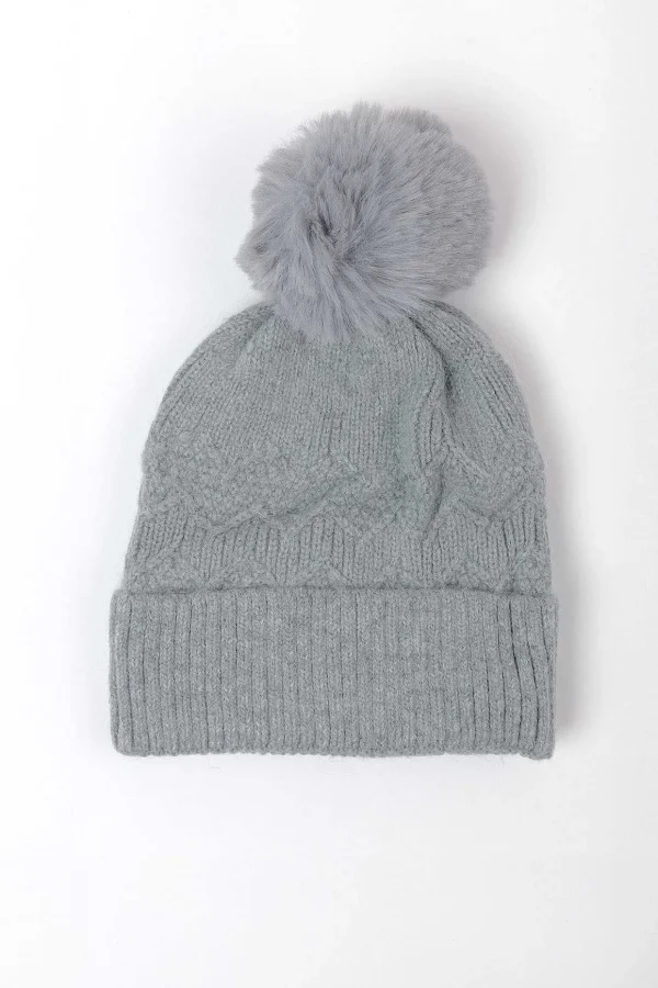 Grey Cable Knit Beanie With Pom