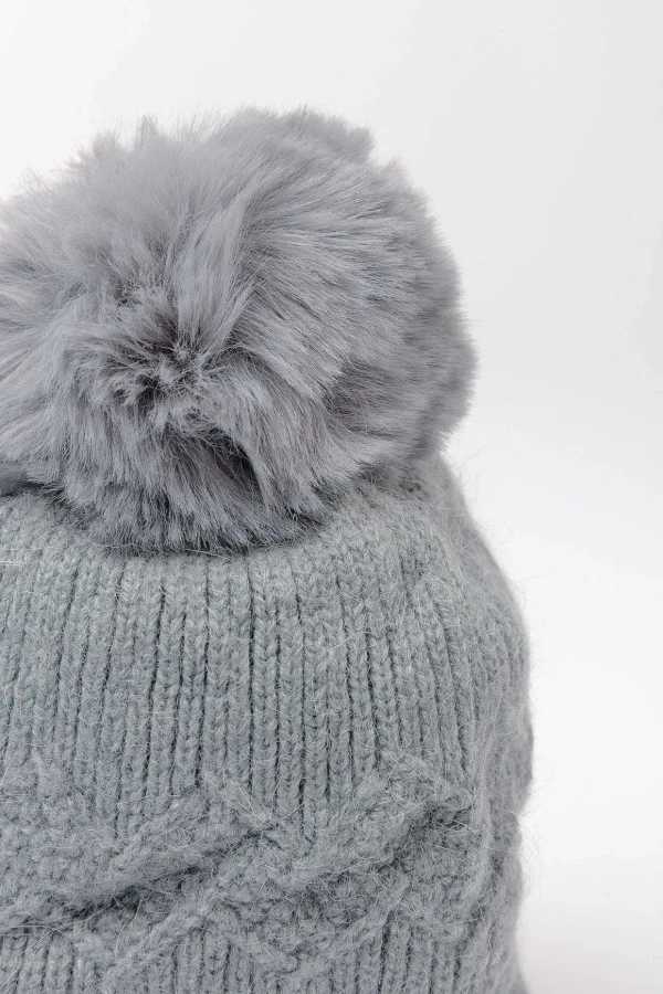 Grey Cable Knit Beanie With Pom