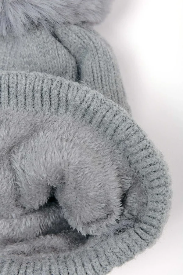 Grey Cable Knit Beanie With Pom