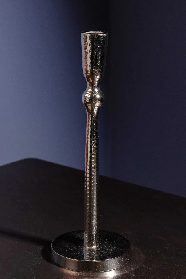 Hammered Silver Dinner Candle Holder L