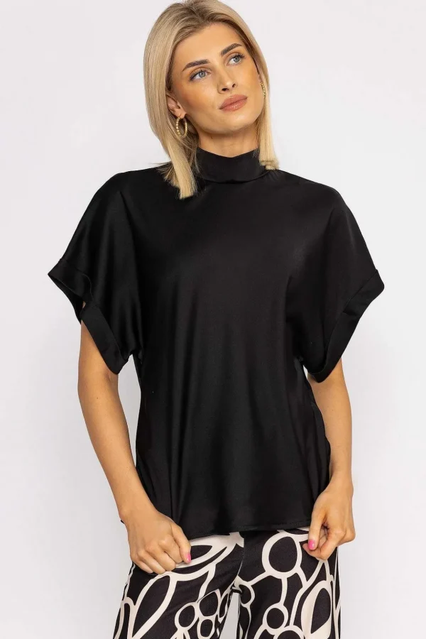 High Neck Sateen Top In Black