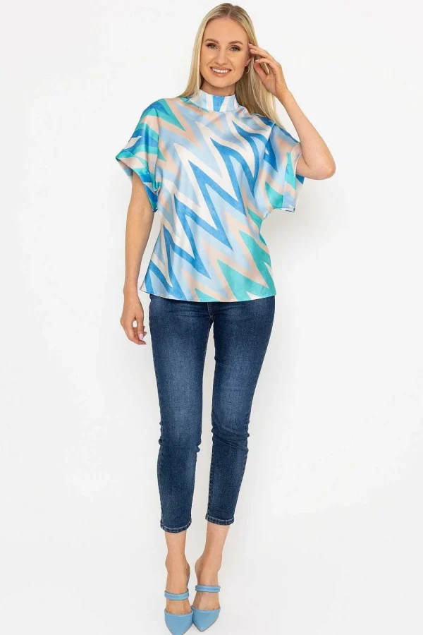 High Neck Sateen Top In Blue