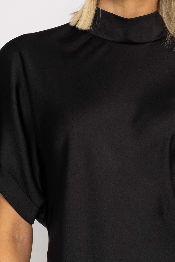 High Neck Sateen Top In Black