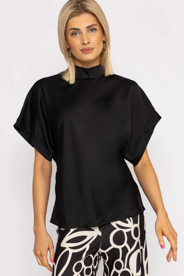 High Neck Sateen Top In Black