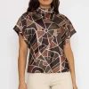 High Neck Sateen Top In Khaki Print