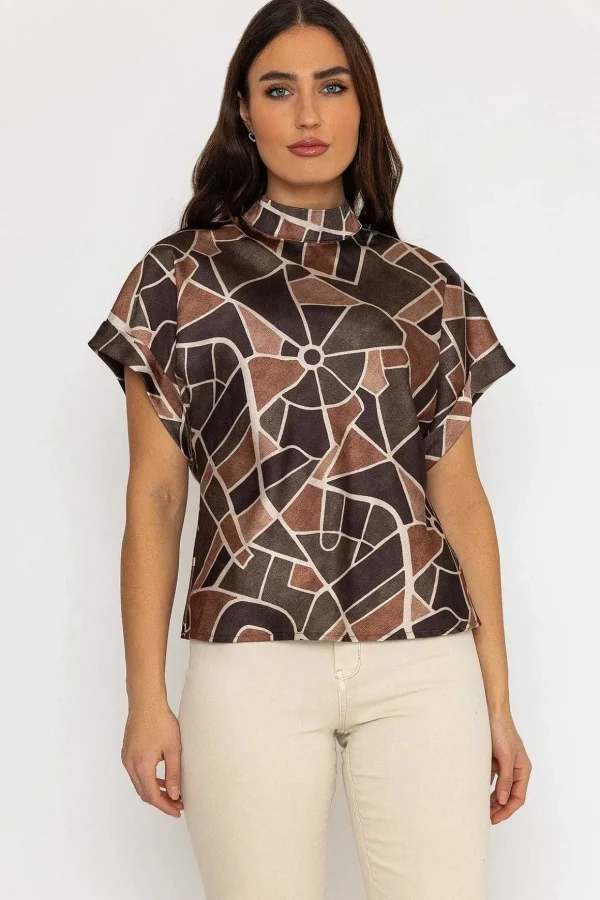 High Neck Sateen Top In Khaki Print