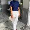 High Neck Sateen Top In Navy