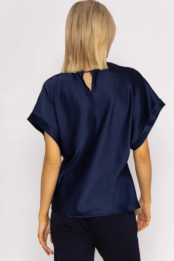 High Neck Sateen Top In Navy