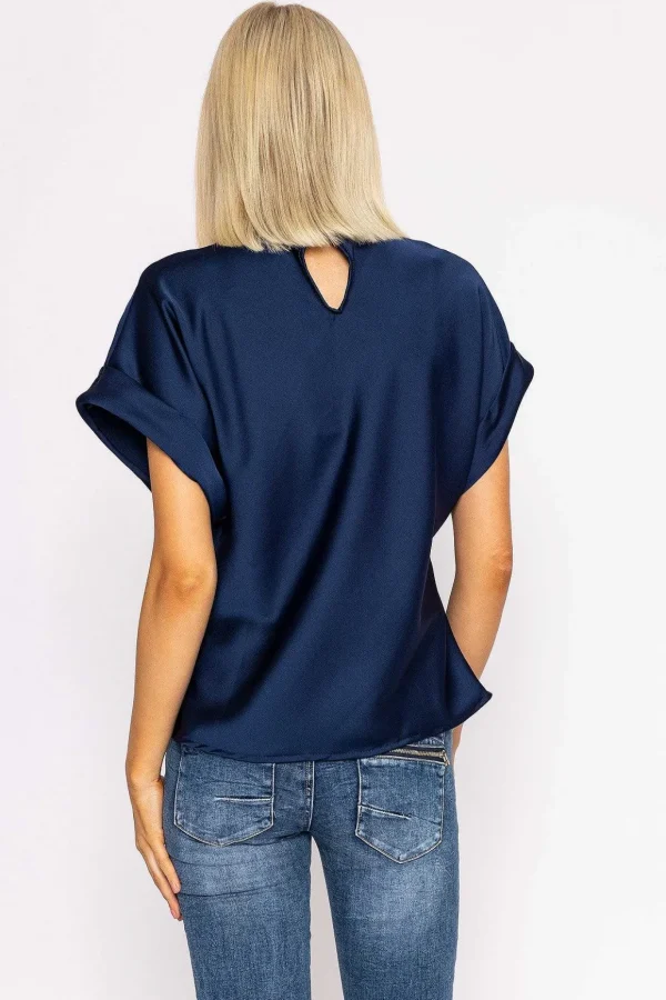 High Neck Sateen Top In Navy