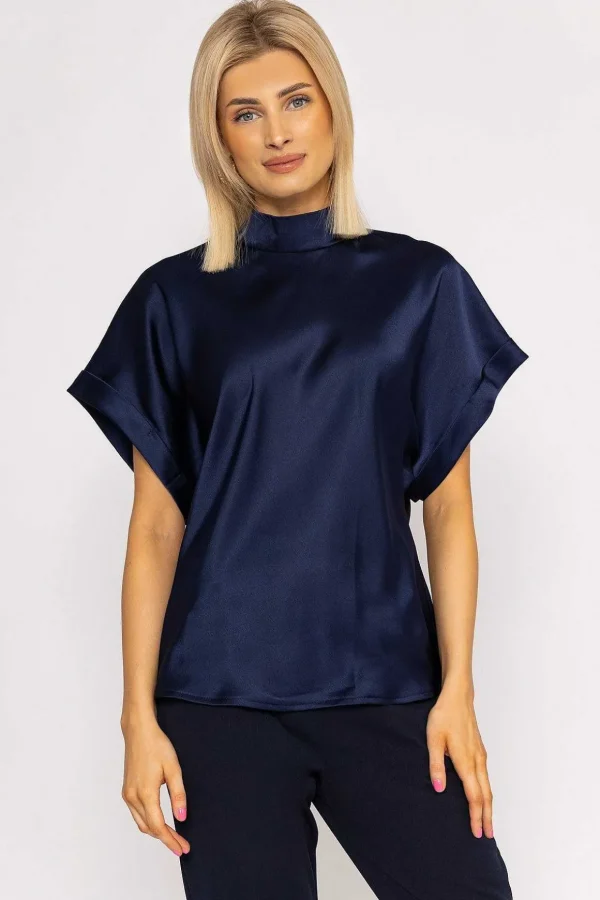 High Neck Sateen Top In Navy