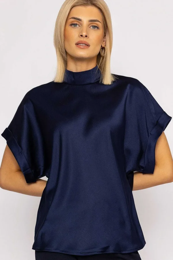 High Neck Sateen Top In Navy