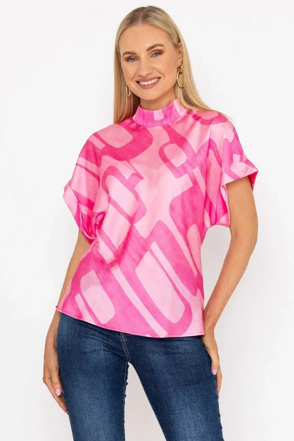 High Neck Sateen Top In Pink Print