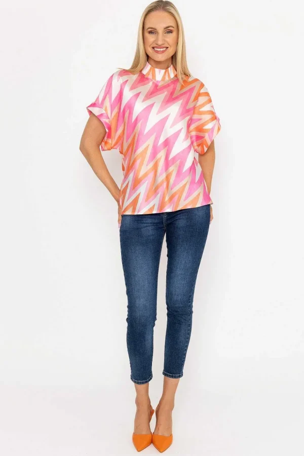 High Neck Sateen Top In Pink And Orange Print