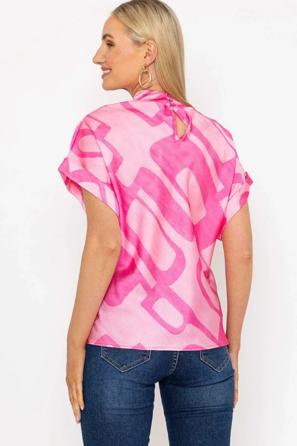 High Neck Sateen Top In Pink Print