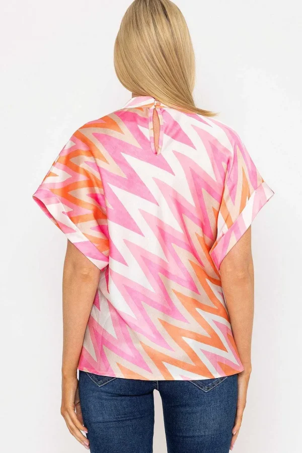 High Neck Sateen Top In Pink And Orange Print