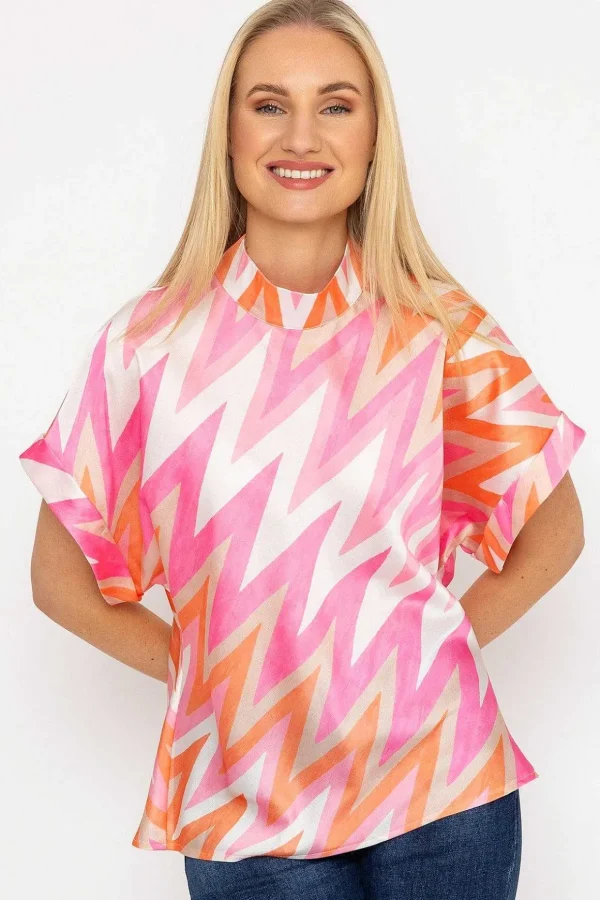 High Neck Sateen Top In Pink And Orange Print