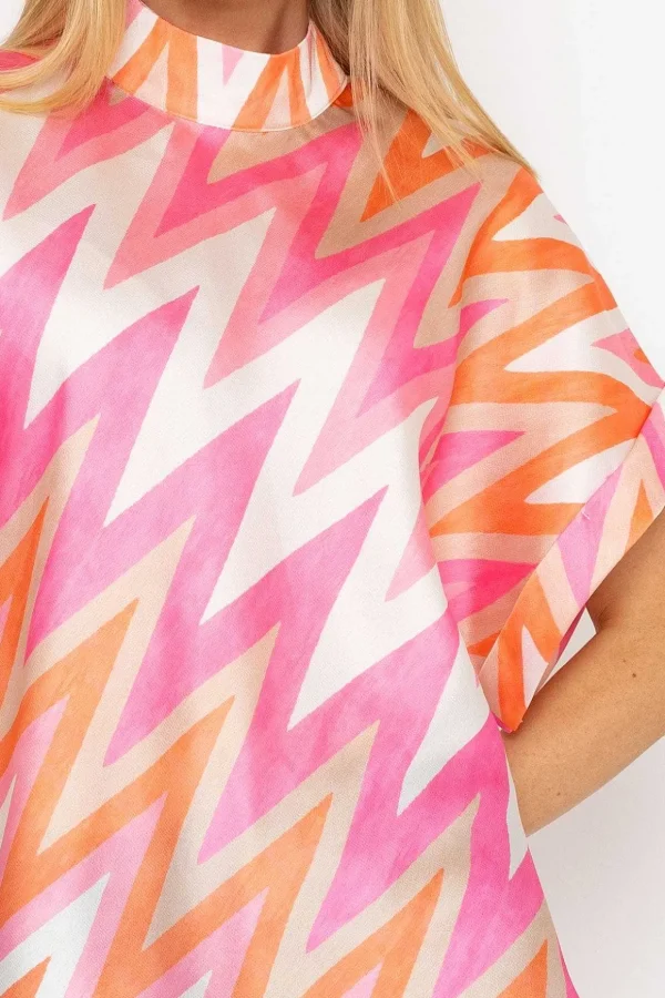 High Neck Sateen Top In Pink And Orange Print