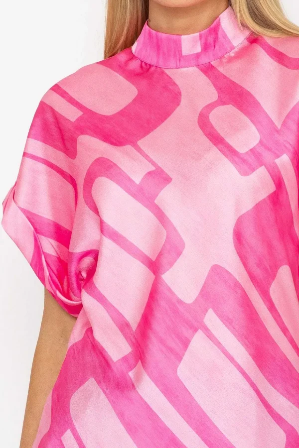 High Neck Sateen Top In Pink Print