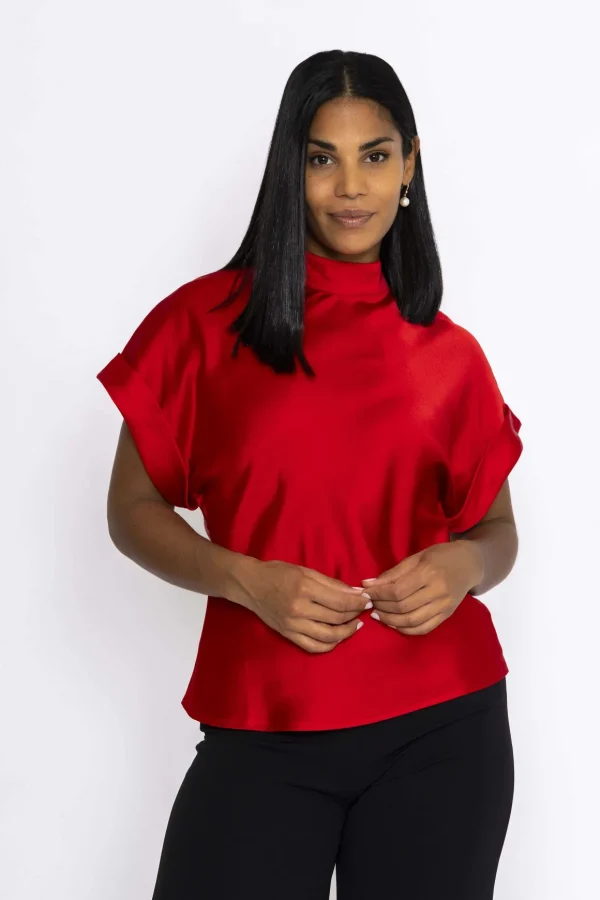 High Neck Sateen Top In Red