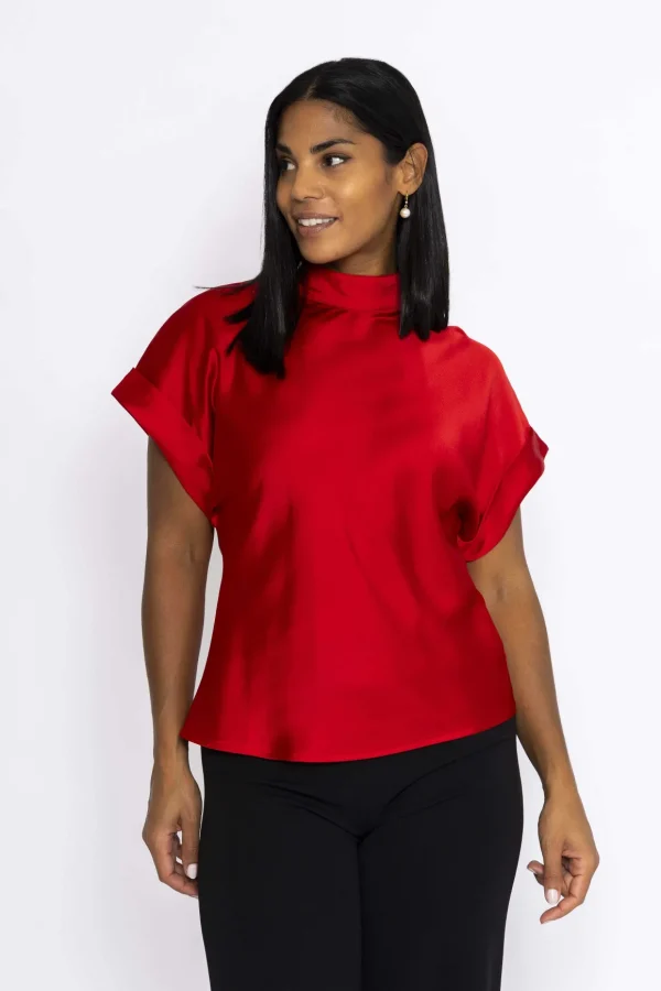 High Neck Sateen Top In Red