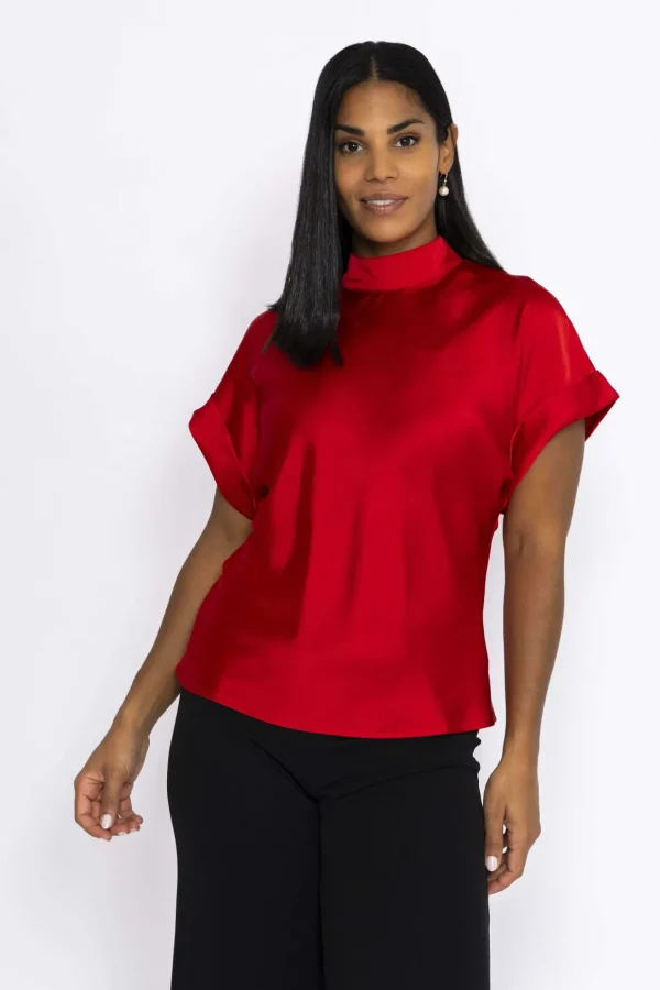 High Neck Sateen Top In Red