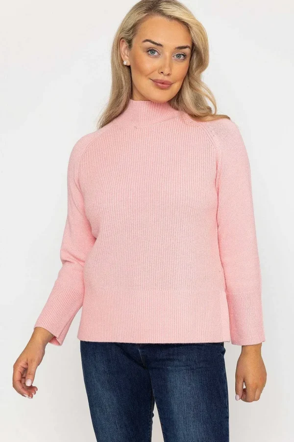 High Neck Split Hem Knit In Pink