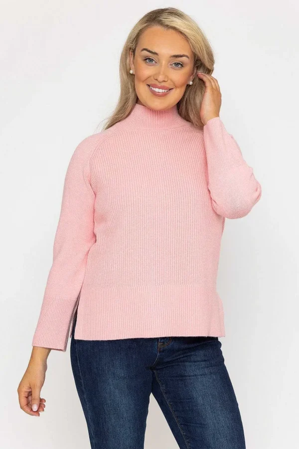 High Neck Split Hem Knit In Pink