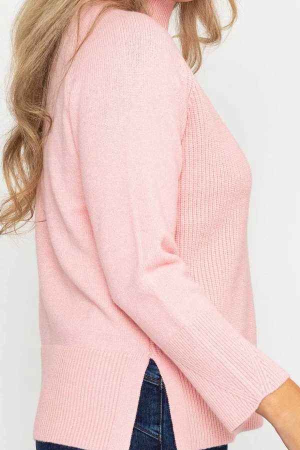 High Neck Split Hem Knit In Pink