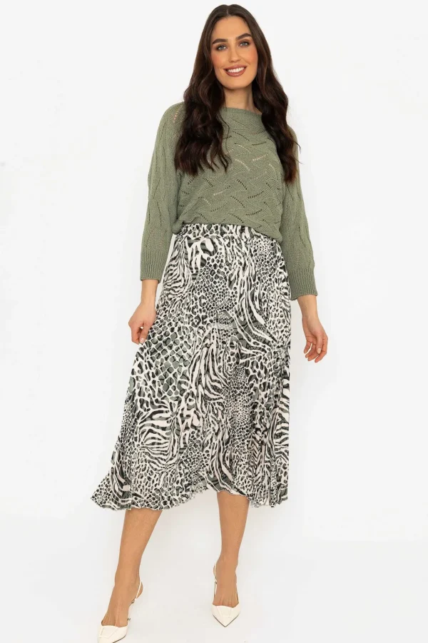 Khaki Animal Print Pleated Skirt