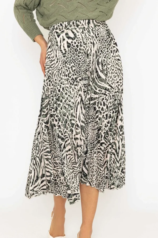 Khaki Animal Print Pleated Skirt