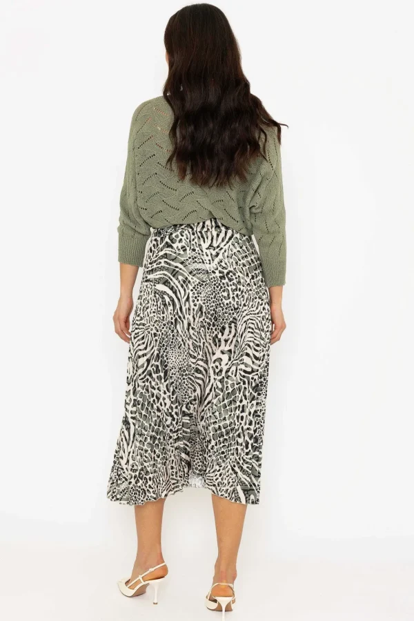 Khaki Animal Print Pleated Skirt