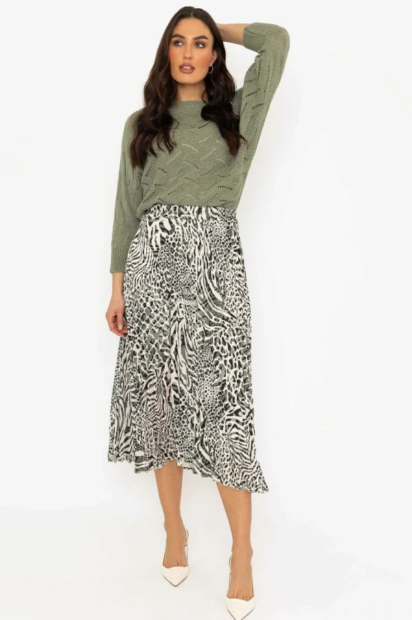 Khaki Animal Print Pleated Skirt