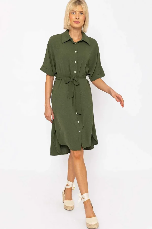 Khaki Green Belted Shirt Dress
