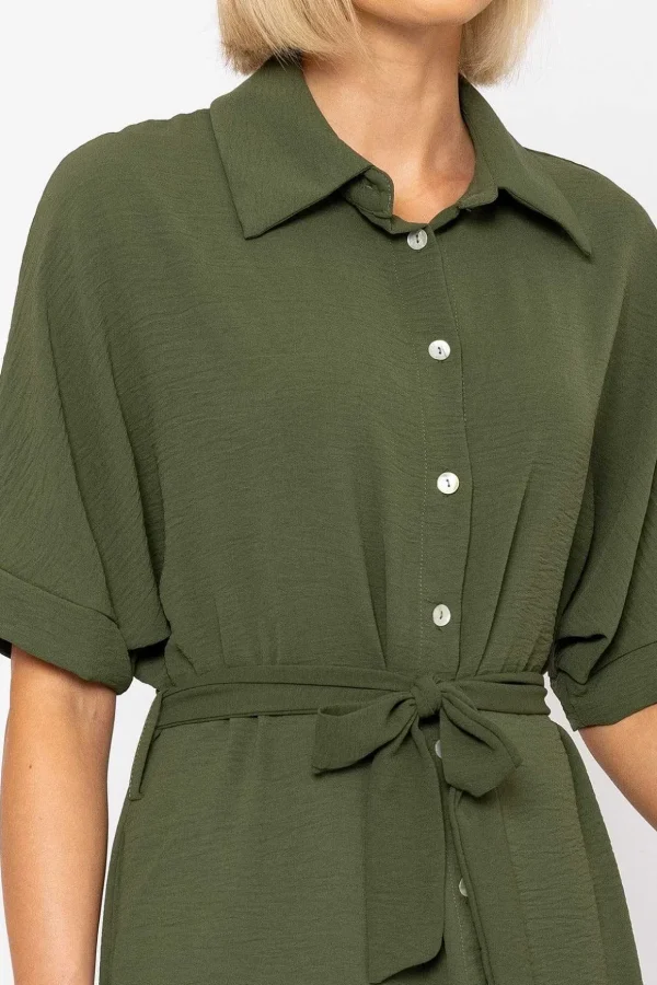 Khaki Green Belted Shirt Dress
