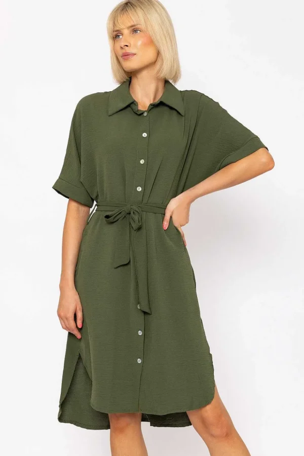Khaki Green Belted Shirt Dress