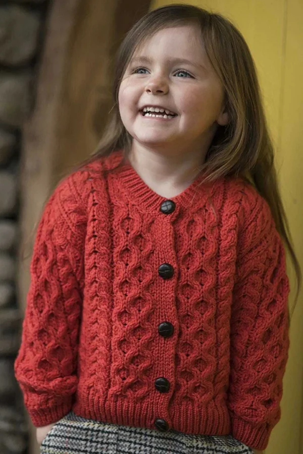 Kids Aran Cardigan In Red