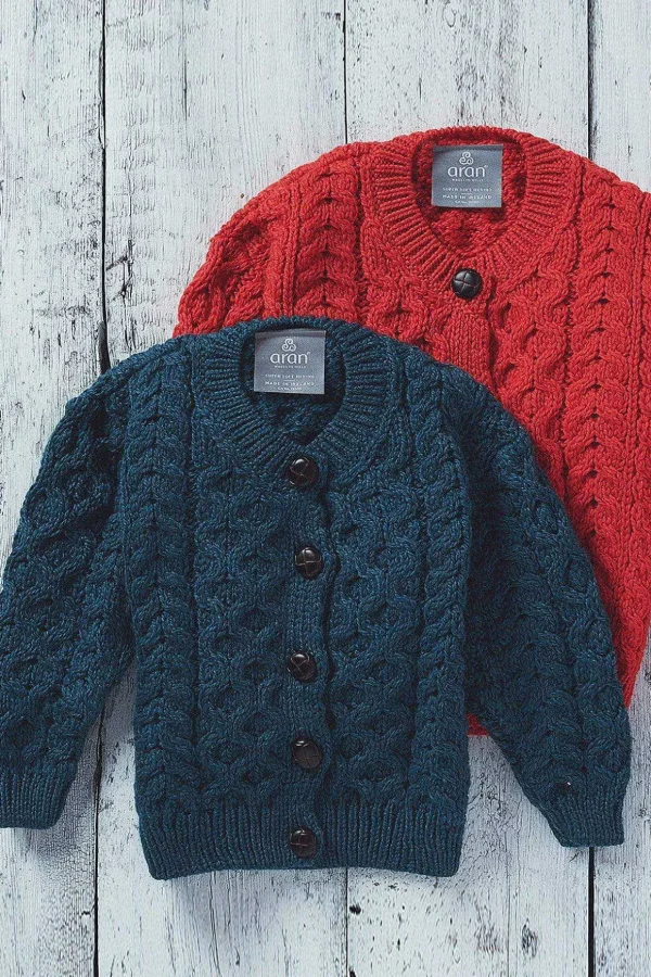 Kids Aran Cardigan In Red