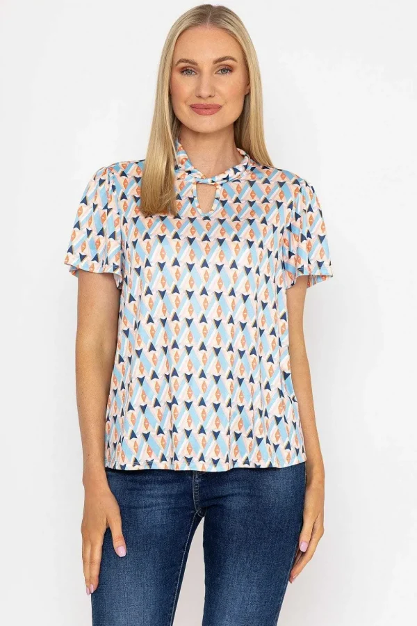 Knot Neck Top In Blue Print