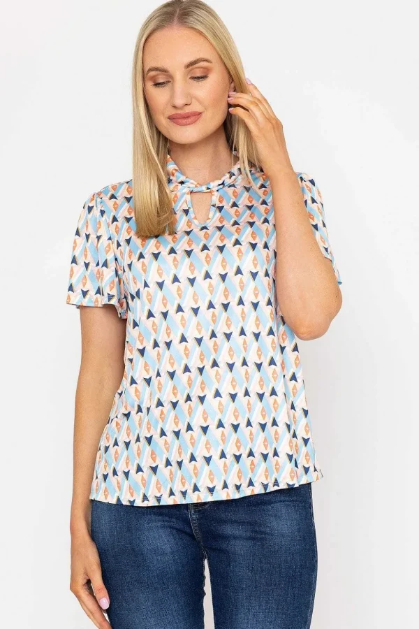 Knot Neck Top In Blue Print