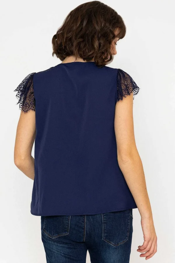 Lace Cap Sleeve Top In Navy