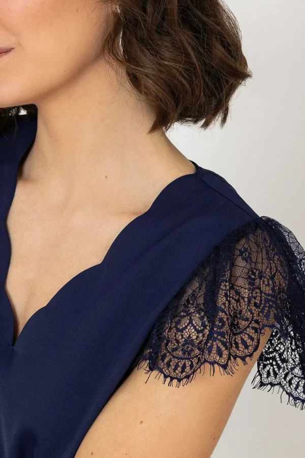Lace Cap Sleeve Top In Navy