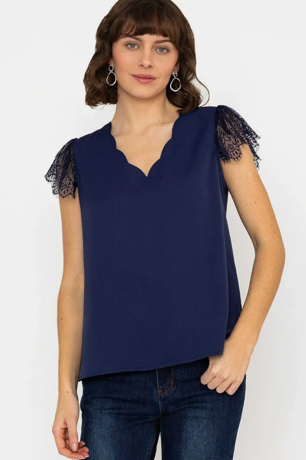 Lace Cap Sleeve Top In Navy