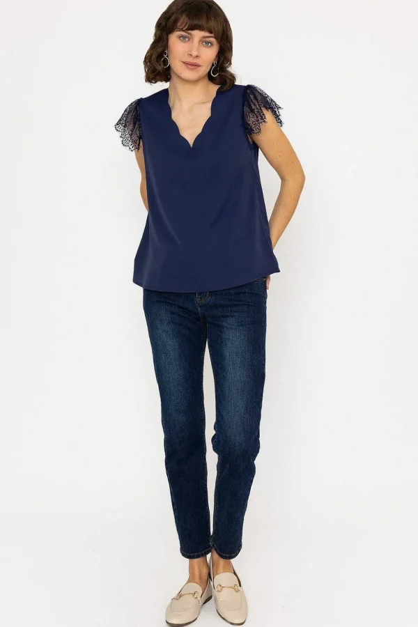 Lace Cap Sleeve Top In Navy