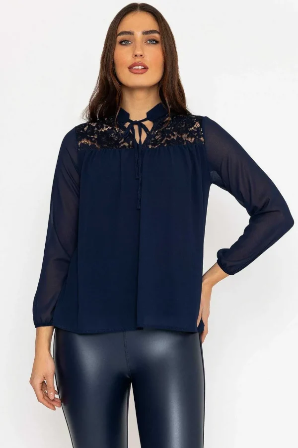 Lace Insert Blouse In Navy