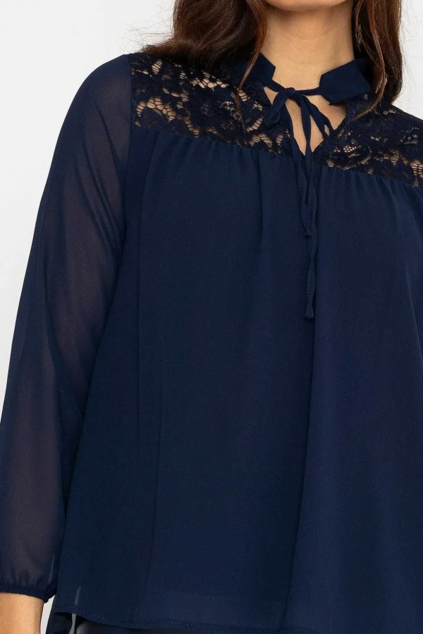 Lace Insert Blouse In Navy