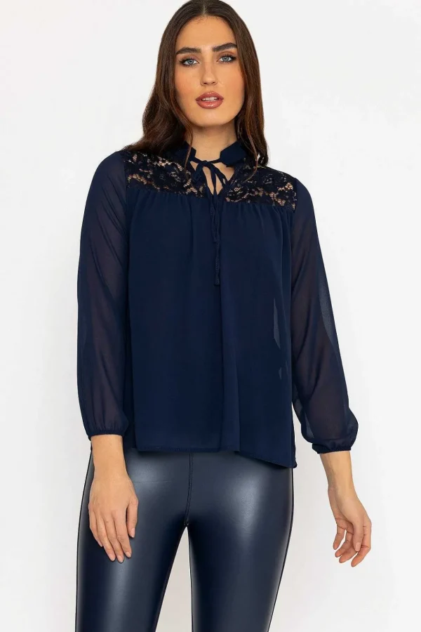 Lace Insert Blouse In Navy